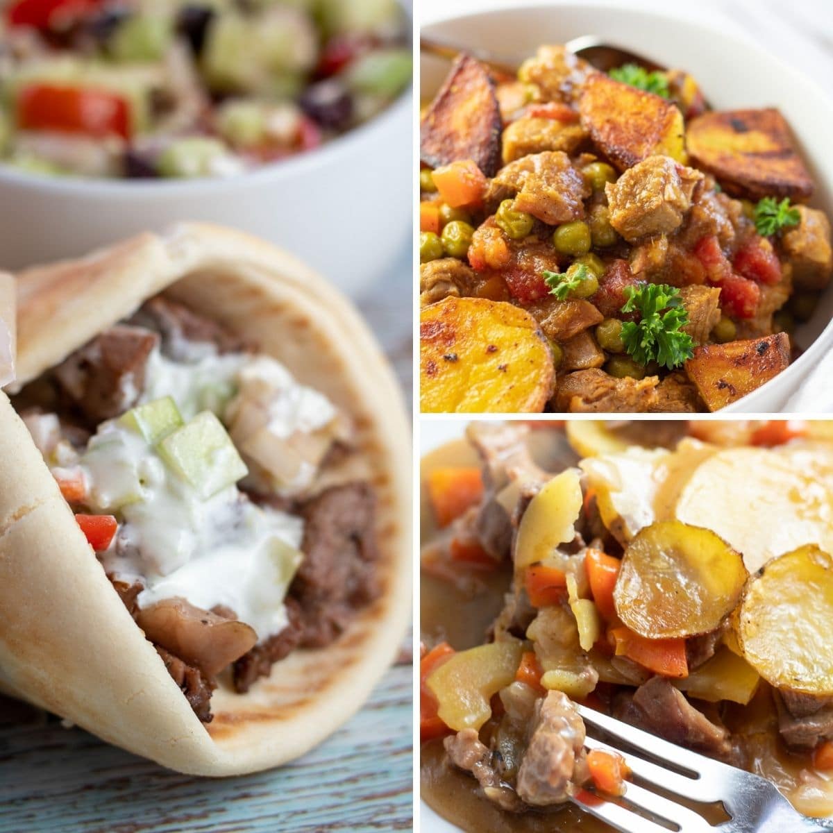 Collage image with 3 of the featured leftover lamb recipes.