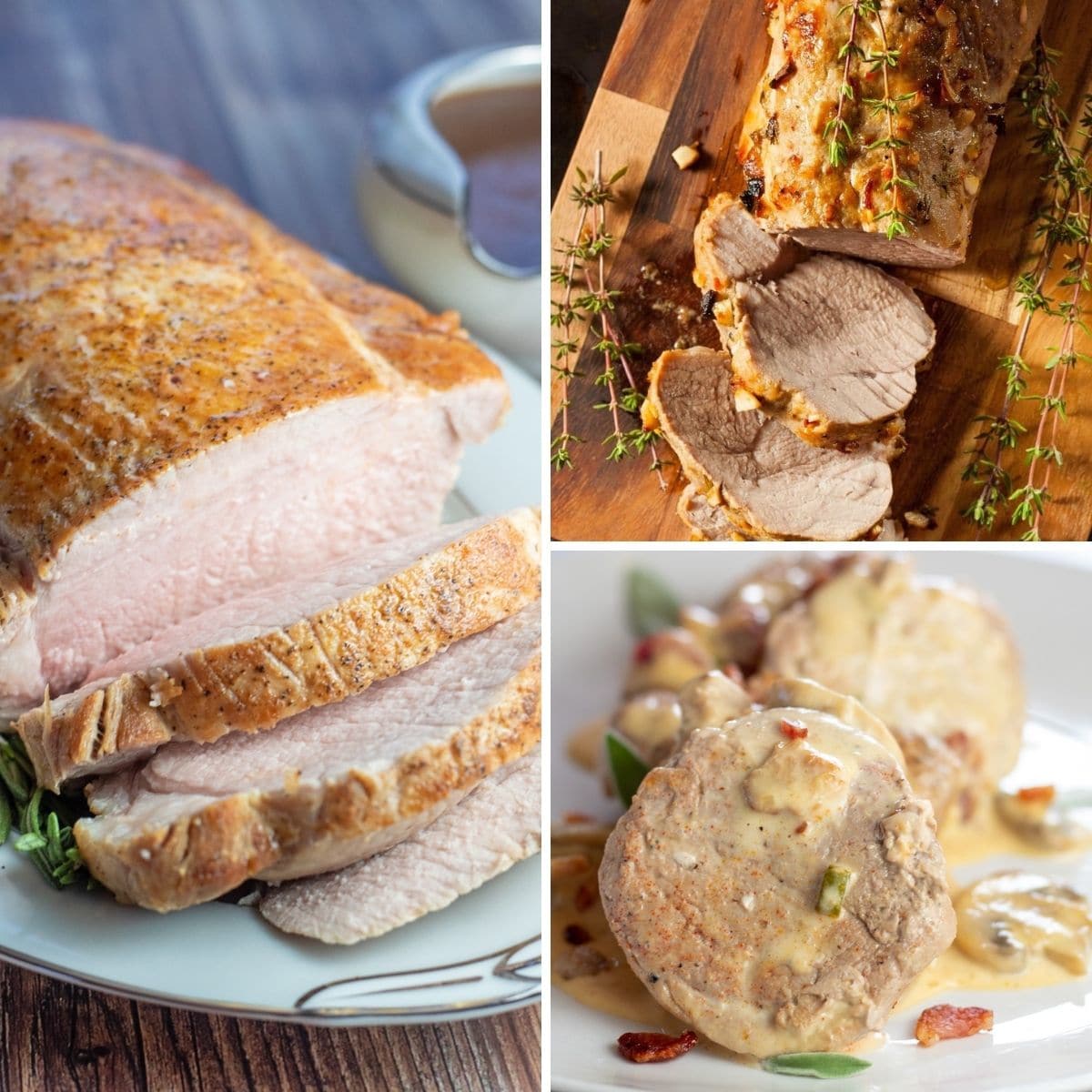 Collage image with 3 panes of pork loin and pork tenderloin recipes.