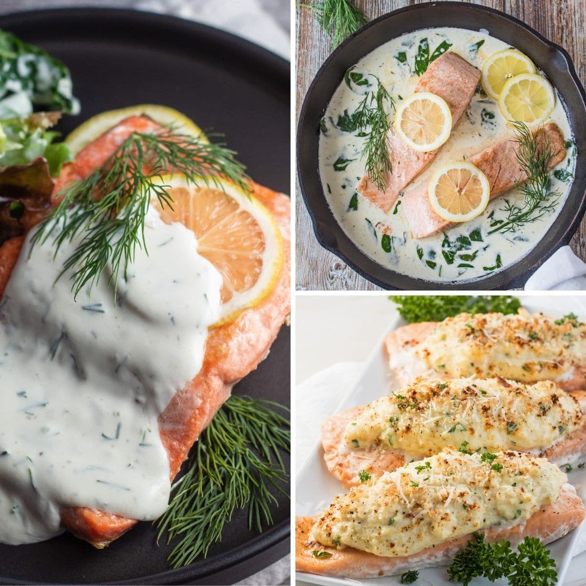 Collage con 3 recetas variadas de salmón de la colección en la página.