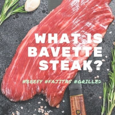 What is bavette steak pin with vignette and text heading.