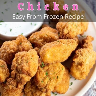 Pin image with text of popcorn chicken with dipping sauce.