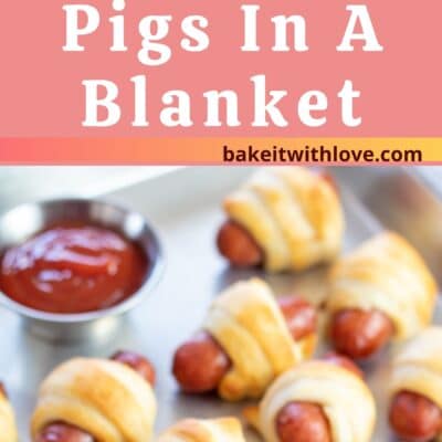 Pin image with text of air fryer pigs in a blanket on a metal tray with ketchup.