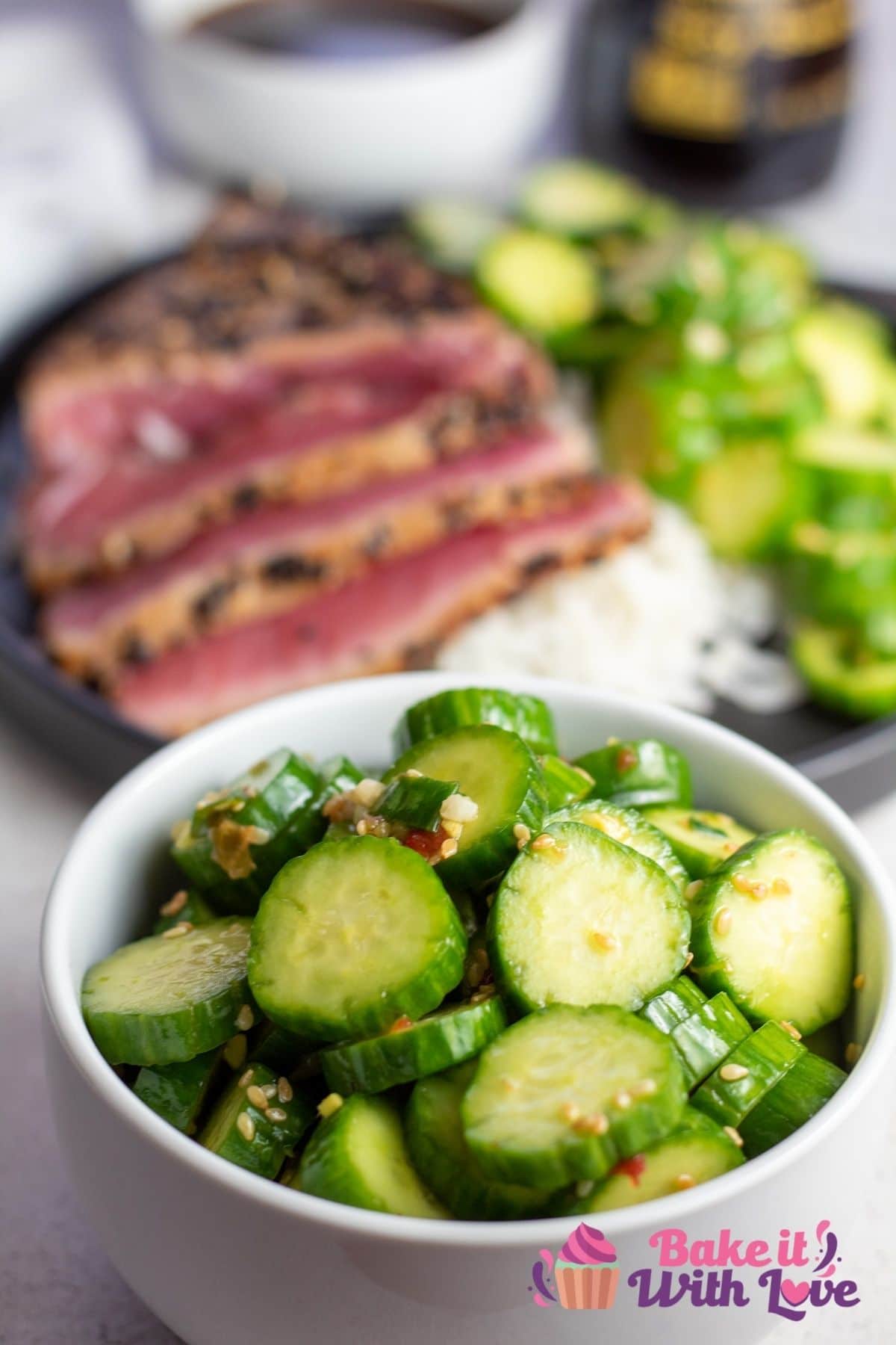 Amazingly tasty Asian cucumber salad pairs perfectly with seared tuna.