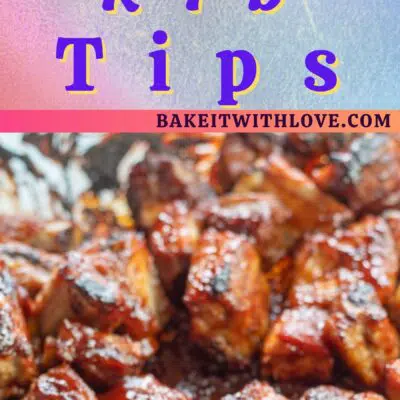 Pin image with text of baked bbq rib tips on a white plate served over rice.