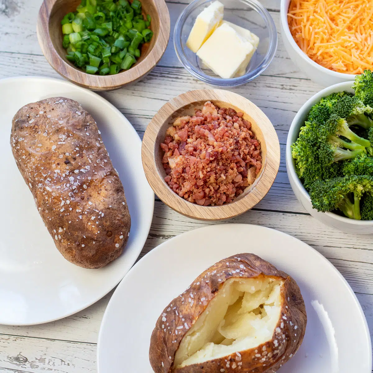 Square image of choices for a baked potato bar.