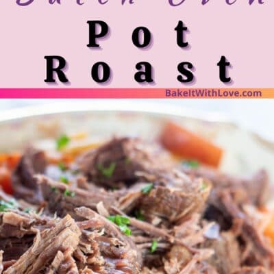 Pin image with text divider of dutch oven pot roast plated.