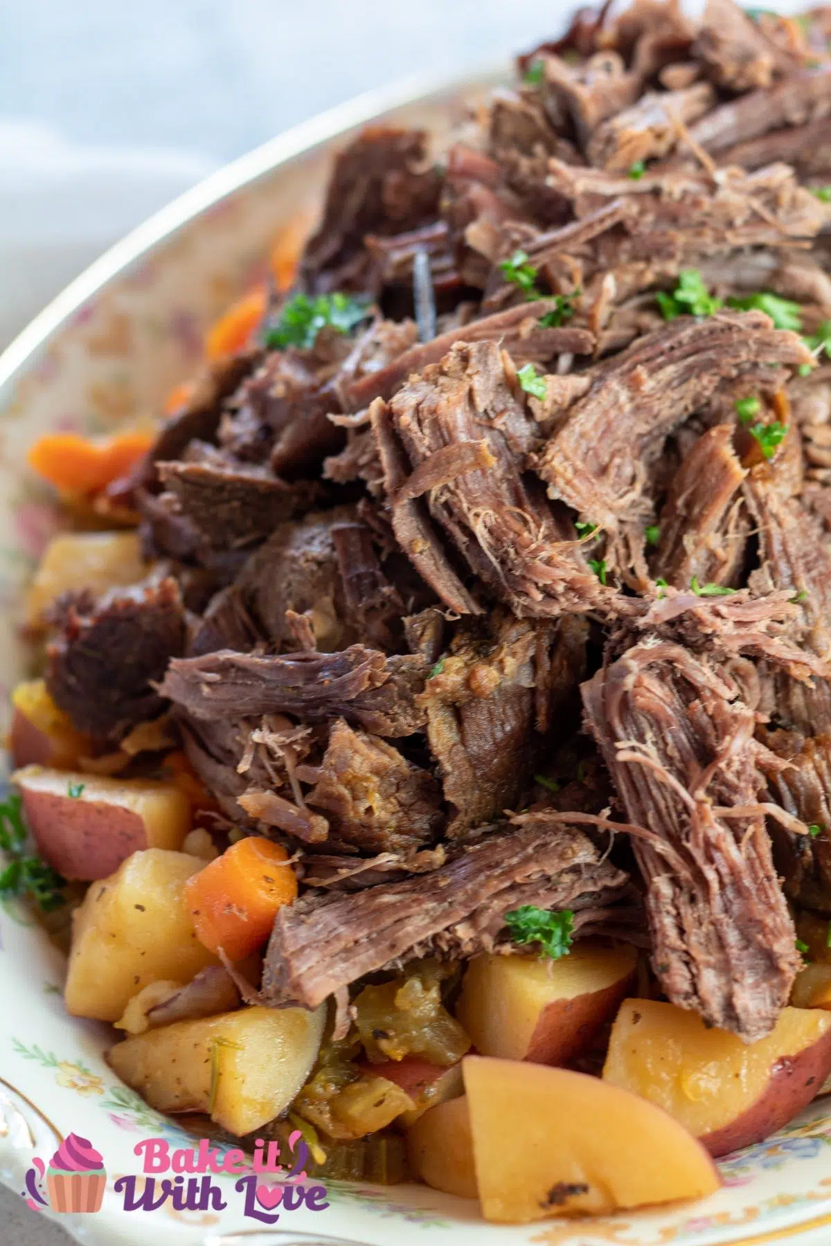 Tall image of dutch oven pot roast plated.