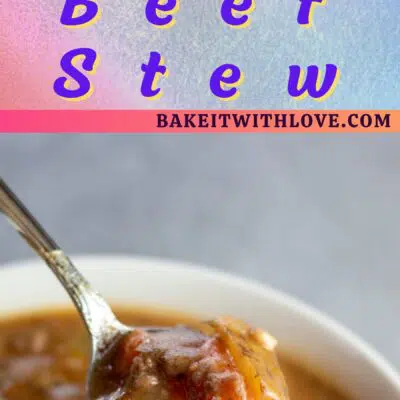 Pin image with text divider of a white bowl of ground beef stew.