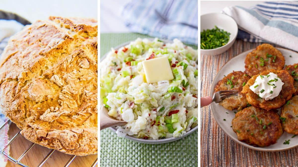 A wide trio of tall images showing a loaf of homemade Irish soda bread, colcannon potatoes in a bowl with bacon and a pat of butter, and a plate of crispy pan-fried potato pancakes (Irish boxty). 