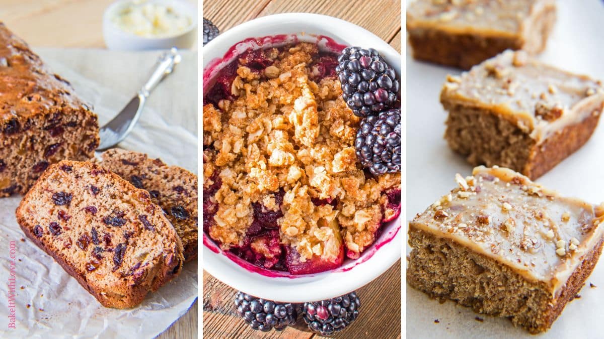 A wide trio of tall images showing a sliced loaf of Irish fruit bread (barmbrack), a close-up on a bowl of apple blackberry crumble with fresh blackberries, and square slices of Irish oatmeal cake.