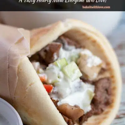 Best lamb gyros with leftover lamb, greek salad, and tzatziki sauce pin with header.