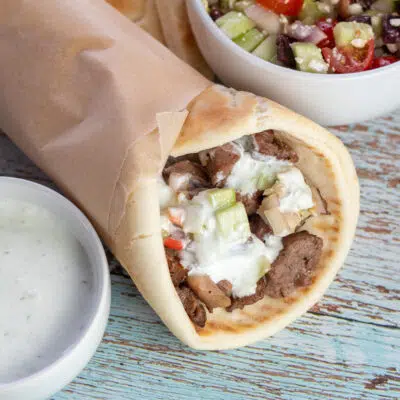 Easy leftover lamb gyros rolled in soft pita bread and stuffed with seasoned lefotver lamb portions plus more.