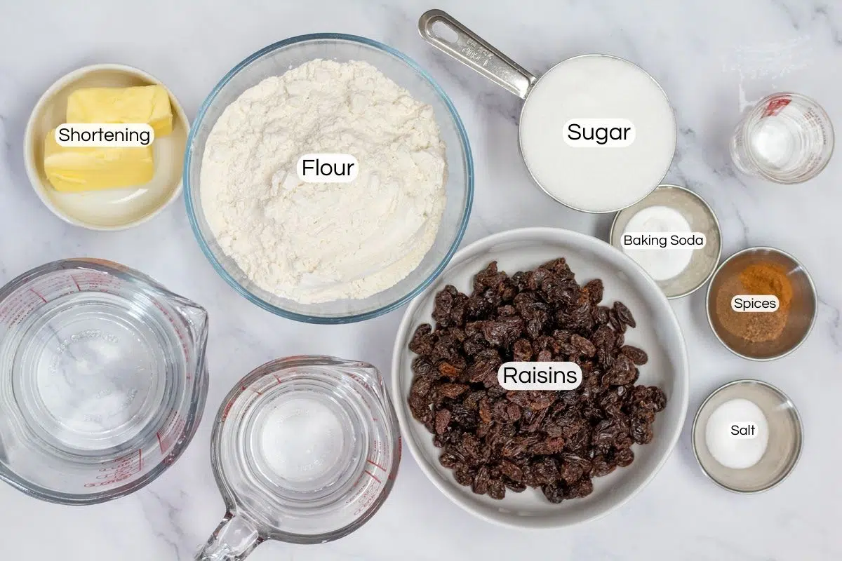 Overhead photo showing ingredients needed for the raisin cake.