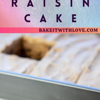 Pin image with text of a slice of raisin cake on a glass plate.