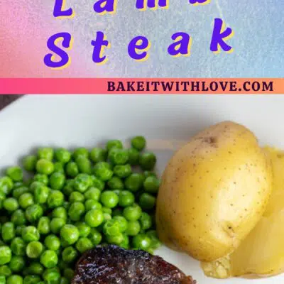 Best pan seared lamb leg steaks pin with 2 images and text divider.
