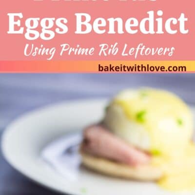 Best prime rib eggs benedict pin with 2 images and text divider.