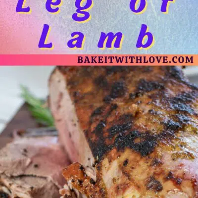 Pin image with text divider of sliced whole leg of lamb.