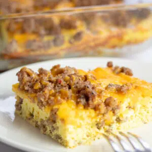 Square image of sausage egg and cheese casserole.