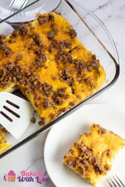 Tall image of sausage egg and cheese casserole.
