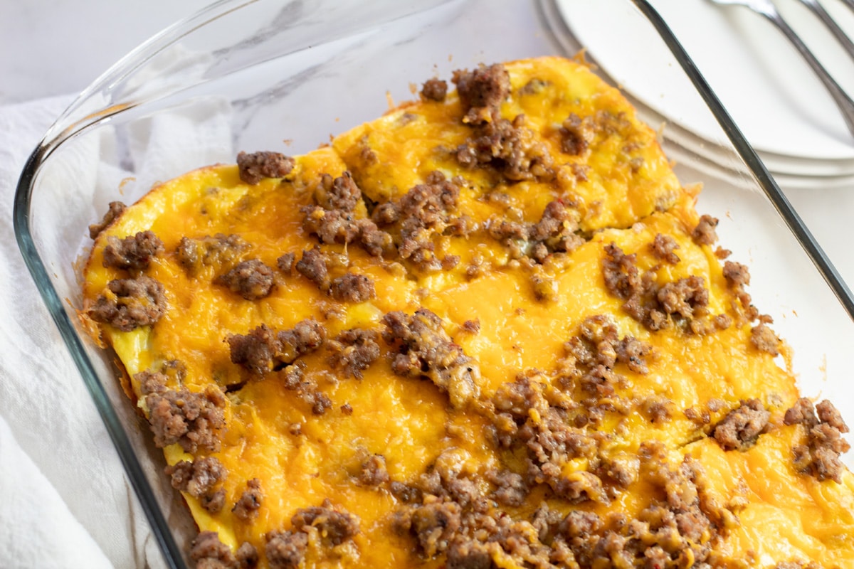 Wide finished image of sausage egg and cheese casserole.