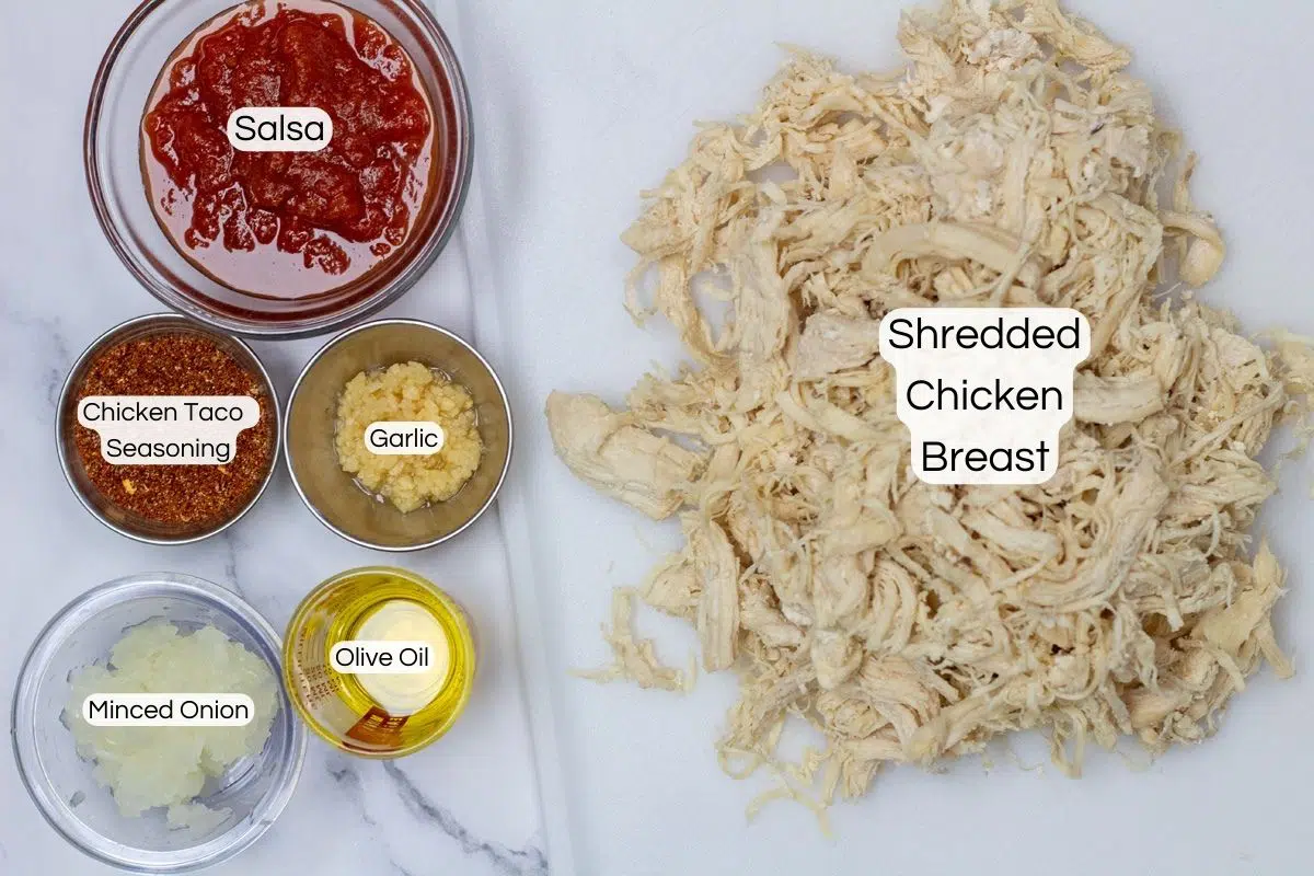 Overhead photo showing all the ingredients needed to make these shredded chicken tacos.