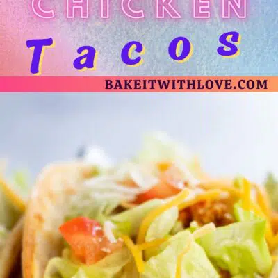 Pin image with text of shredded chicken tacos.