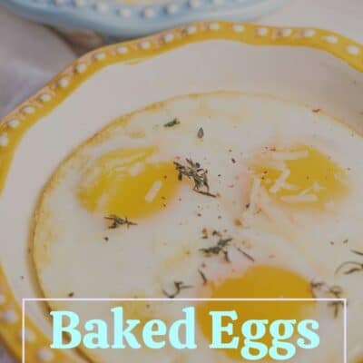 Best baked eggs pin with vignette layer and text title.