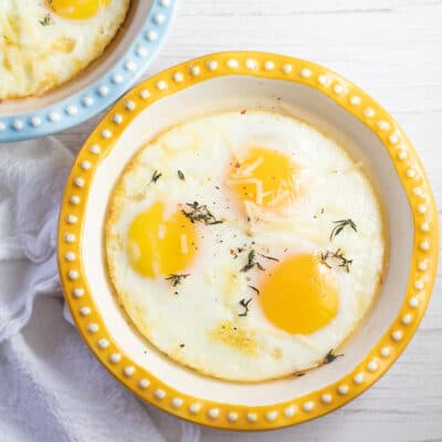 Best baked eggs to make for any breakfast shown in shallow baking dish.