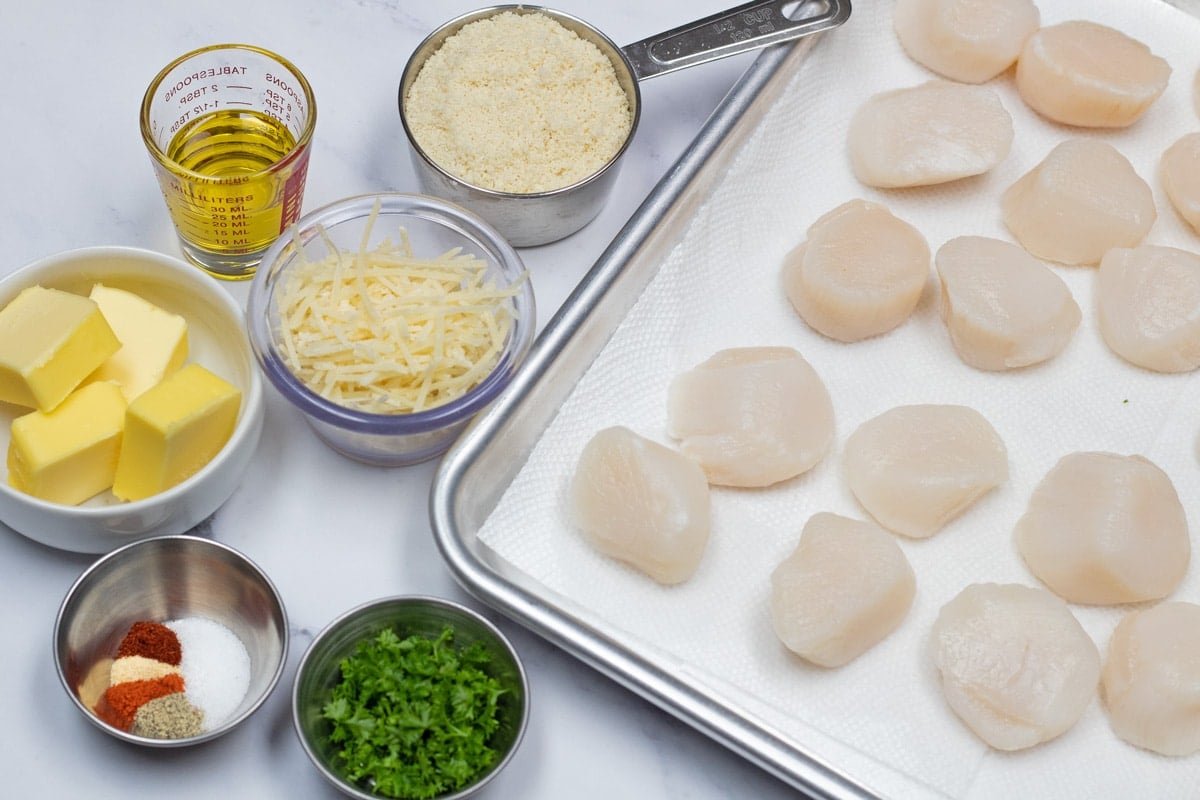 Baked scallops ingredients ready to combine, assemble, and bake.