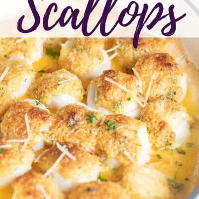 Best baked scallops pin with scallops in baking dish and text header.