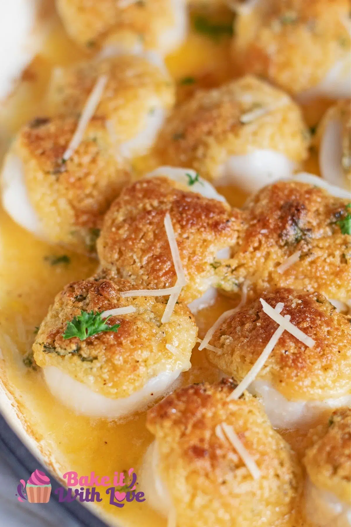 Tasty baked scallops with breadcrumb and Parmesan topping ready to serve.