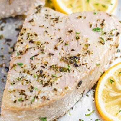 Best baked tuna steaks pin with text footer.