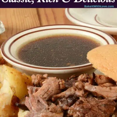 Bet beef au jus sauce made with or without drippings pin with text header.