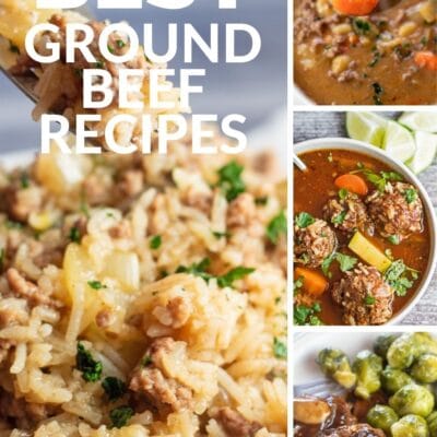 Best ground beef recipes pin with 4 images of tasty recipes made with ground beef and text overlay.