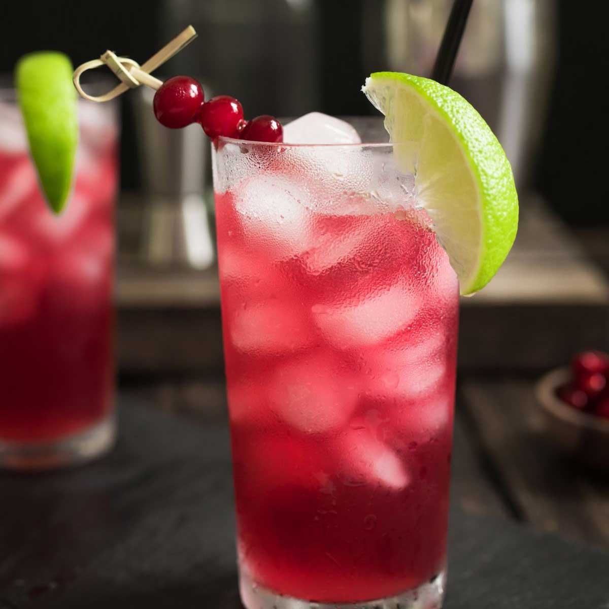 Cocktail di Cape codder in vetro Collins su sfondo scuro con contorno di mirtillo rosso e lime.