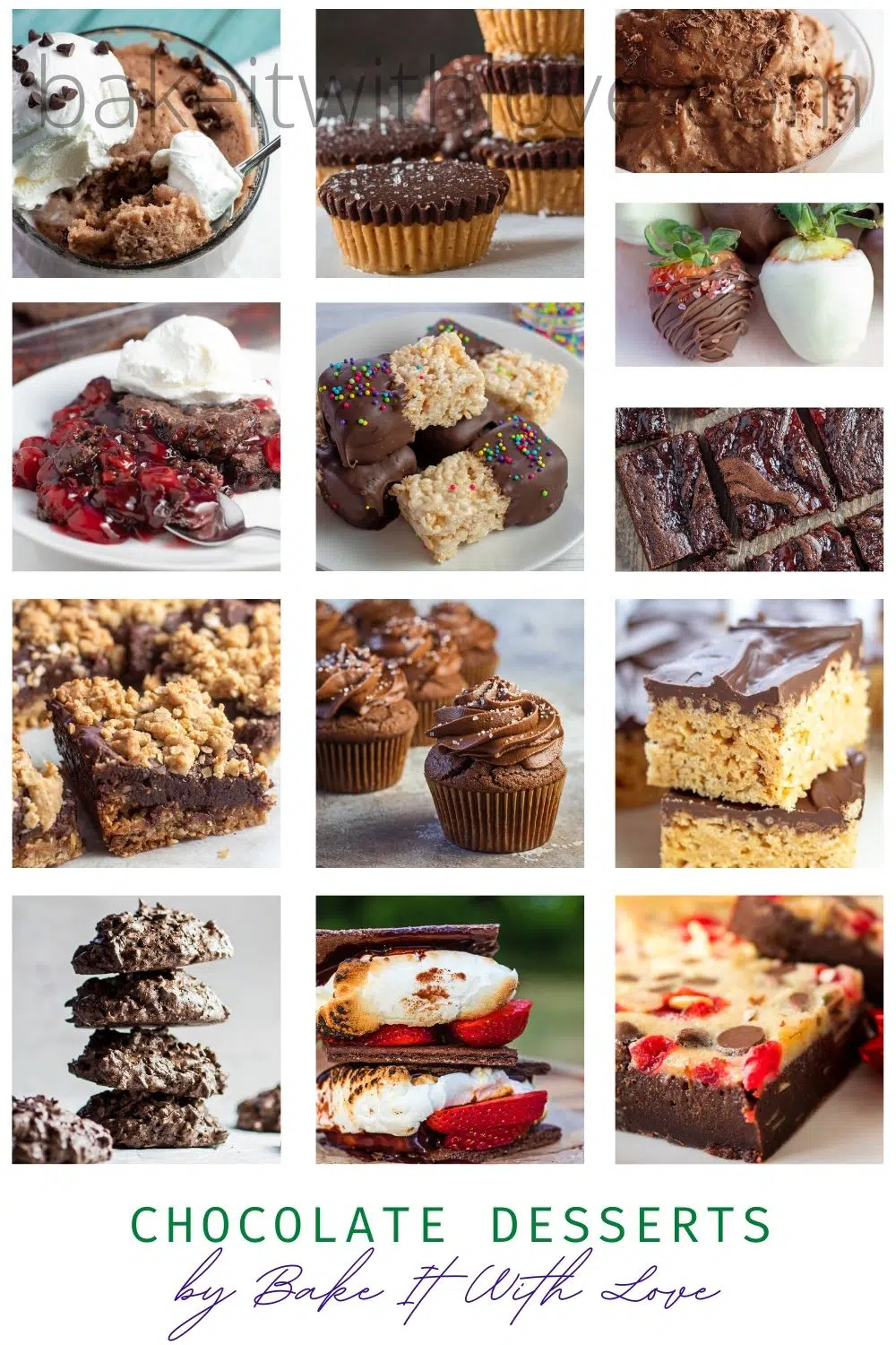 The best chocolate desserts collection pin featuring a collage of 13 of the recipe images.