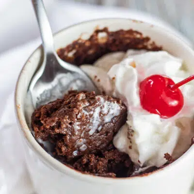 The best moist chocolate mug cake baked in under two minutes in this mug.