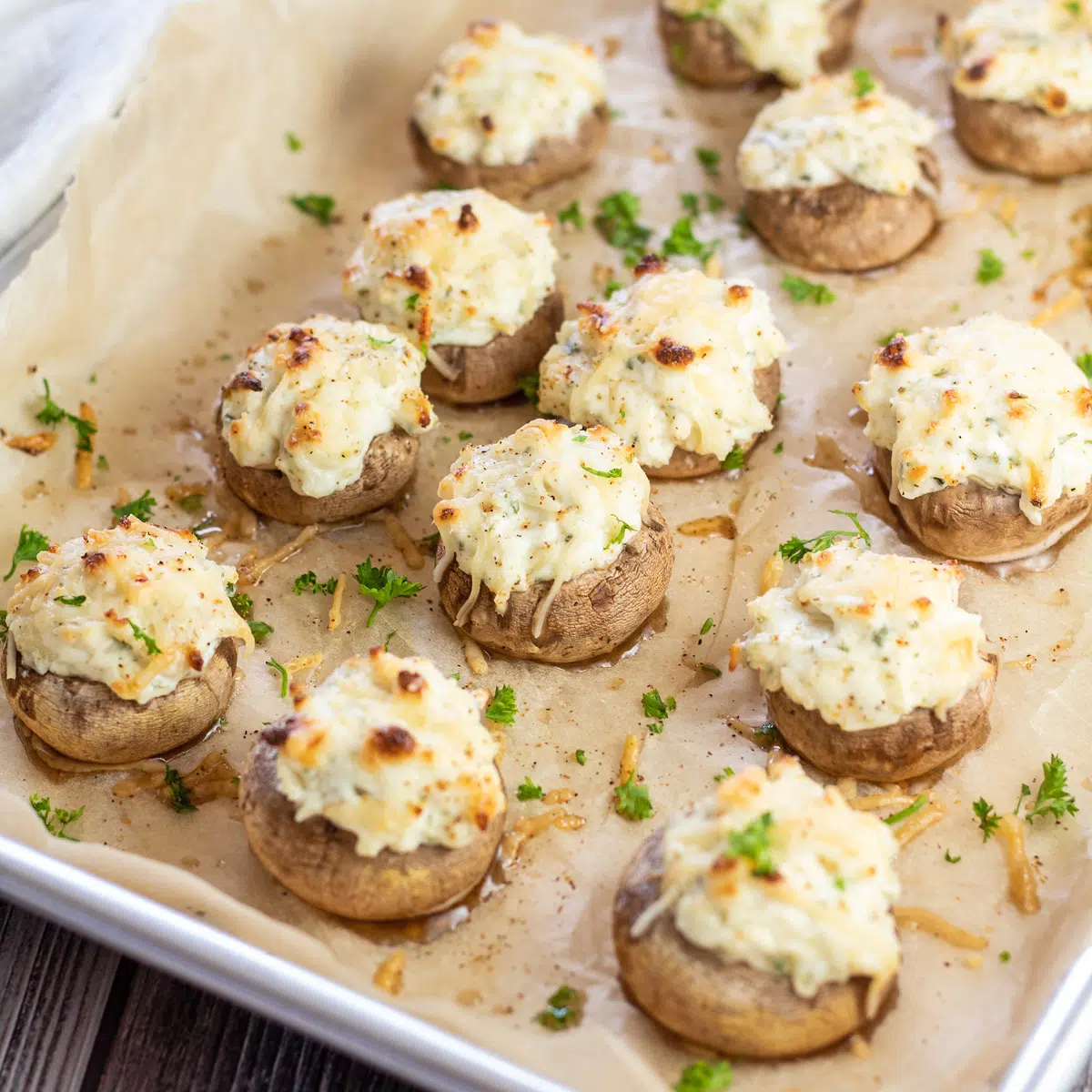 Best cream cheese stuffed mushrooms recipe shown after baking until toasted and tender.