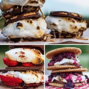 Best gourmet s'mores collage image with 3 flavor combinations pictured.