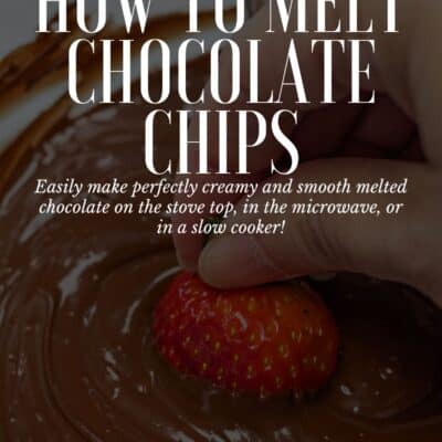 How to melt chocolate chips pin with vignette and text overlay above melted chocolate image.