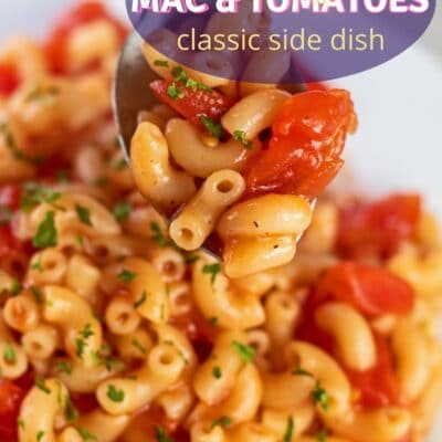 Best macaroni and tomatoes pin with the classic Southern side dish shown on spoon.