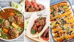 Best Mexican recipes to make for family dinners, taco tuesdays, and cinco de mayo featuring three tasty dishes in a side by side collage.
