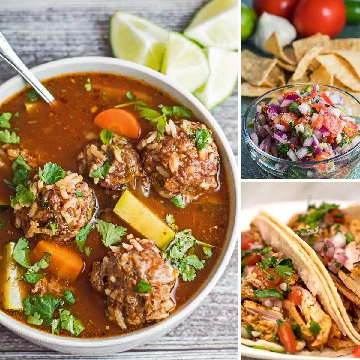 Beste Mexicaanse receptenverzameling van authentieke en traditionele recepten zoals deze albondigas, pico de gallo en kalkoencarnitas.