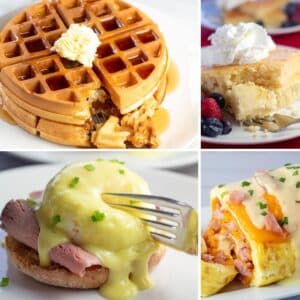 Een collage van brunchrecepten voor Moederdag met 4 zoete en hartige ontbijtkeuzes op de foto.