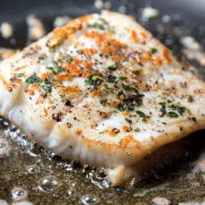Square image of halibut being pan seared.
