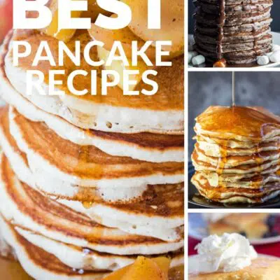 Best pancake recipes pin with 4 image collage photo and text title overlay.