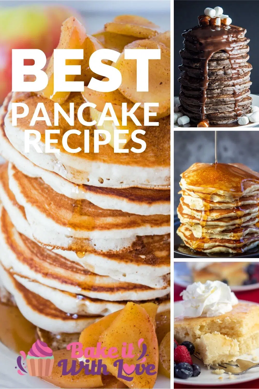 Best pancake recipes pin with 4 image collage photo and text title overlay.