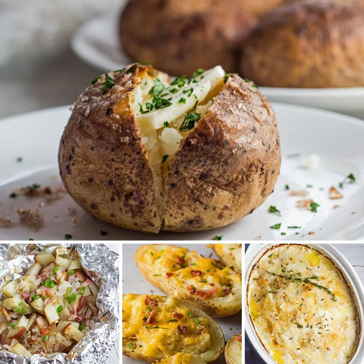 Collage carré avec 4 images de plats d'accompagnement de pommes de terre.