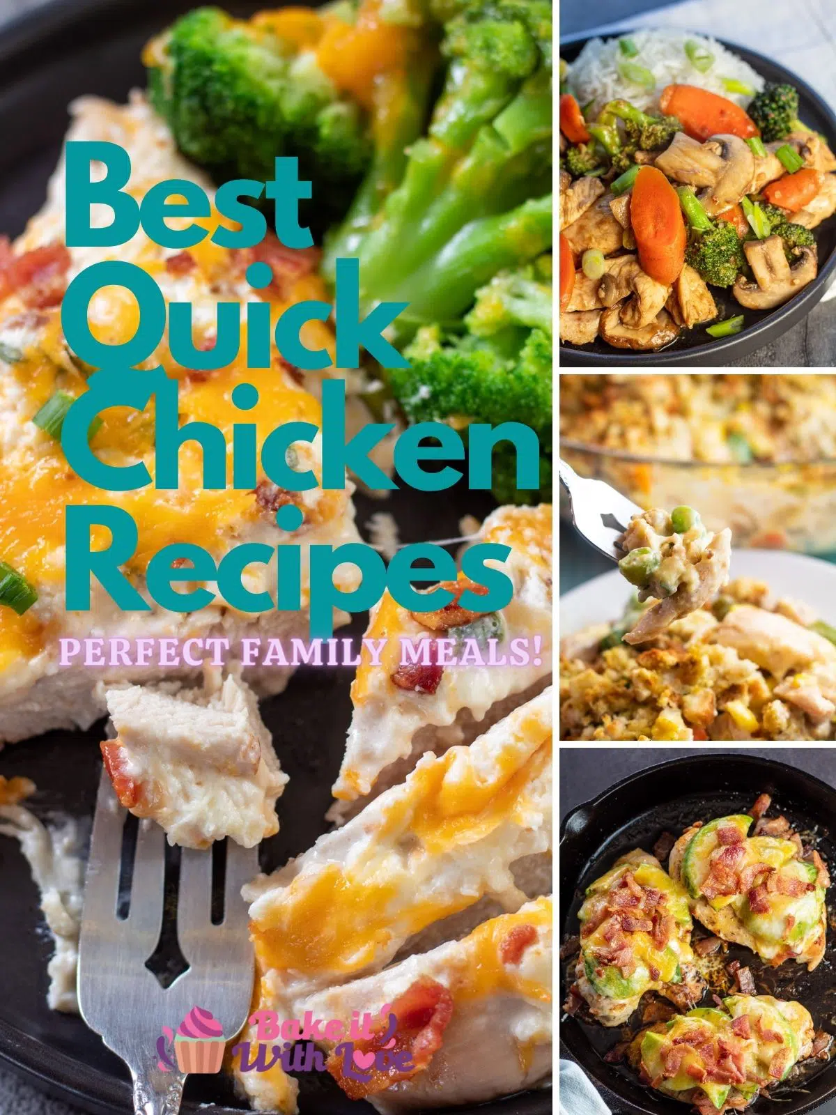 Best quick chicken recipes pin with text header over 4 image collage.