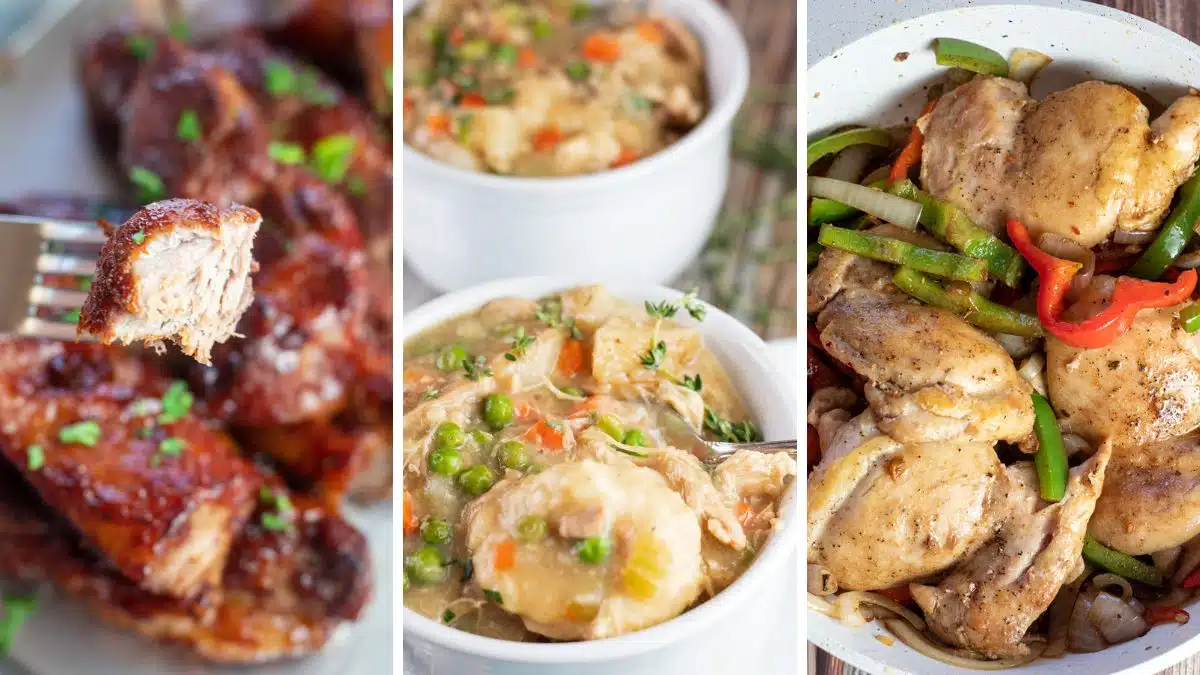 Best Sunday dinner ideas to make for sit down family meals like country style pork ribs, chicken and dumplings, or chicken and peppers.